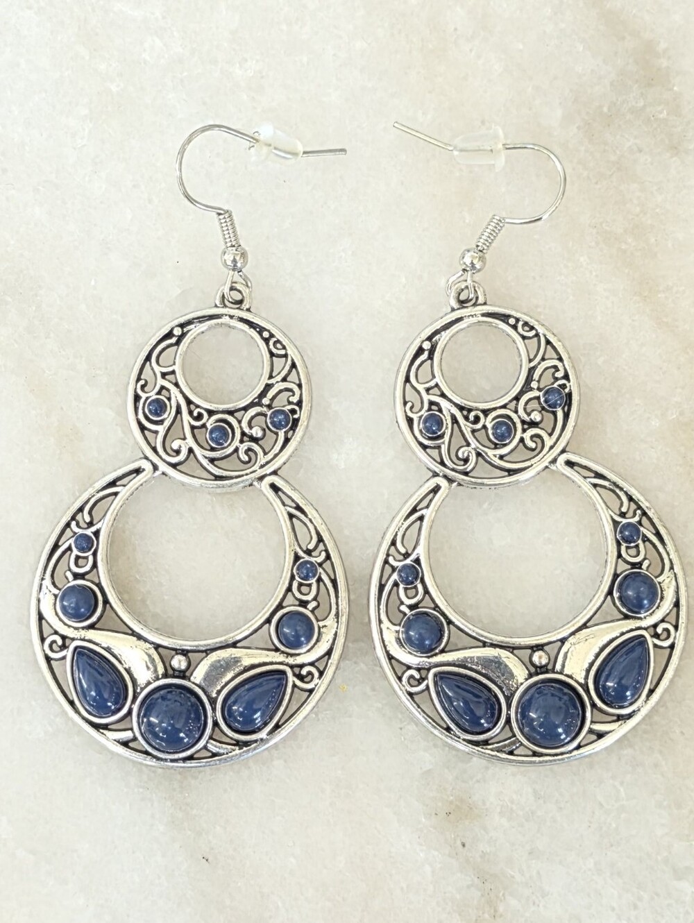 Silver-Tone Blue Stone Double Hoop Earrings